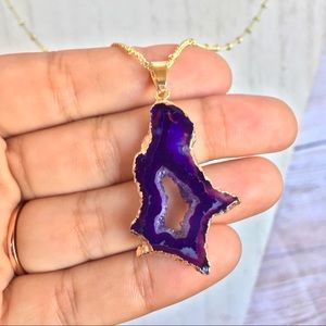 Gold Plated Raw Crystal Geode Necklace Boho Chic